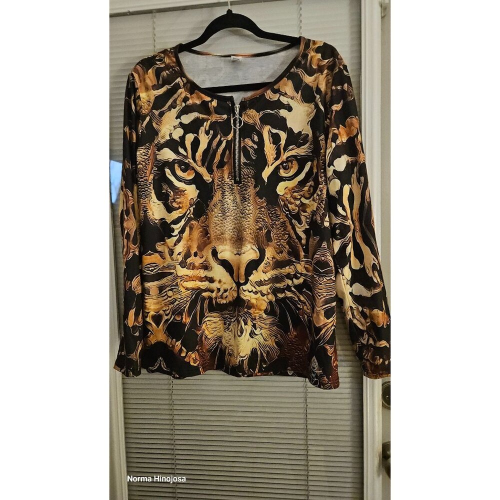 Tiger Print Long Sleeve Top With Front Zipper Detail By Chaos Monkey Large Polye